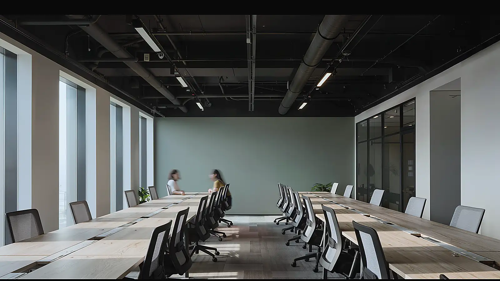 Shared workspace with bench desking and a planted green wall