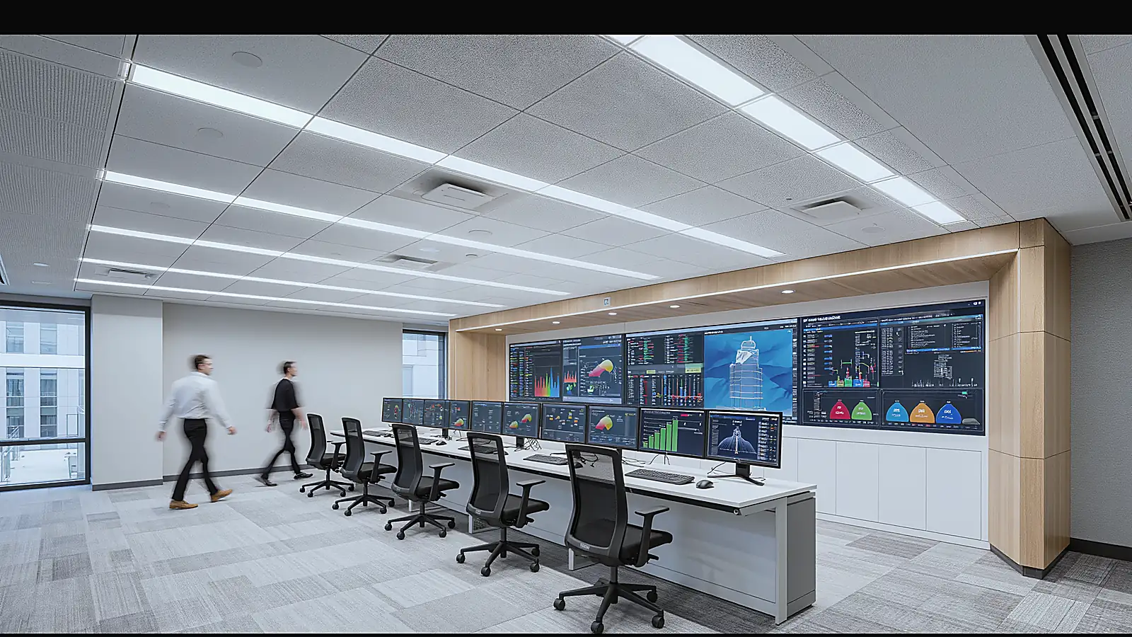 Brightly lit building control room with monitoring dashboards
